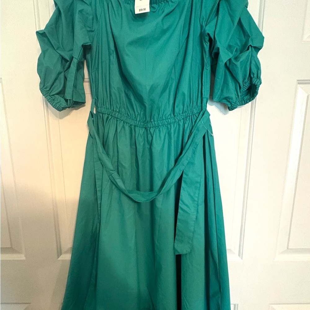 Ashley Stewart Deep Green Gathered HighLow Pocket Dress